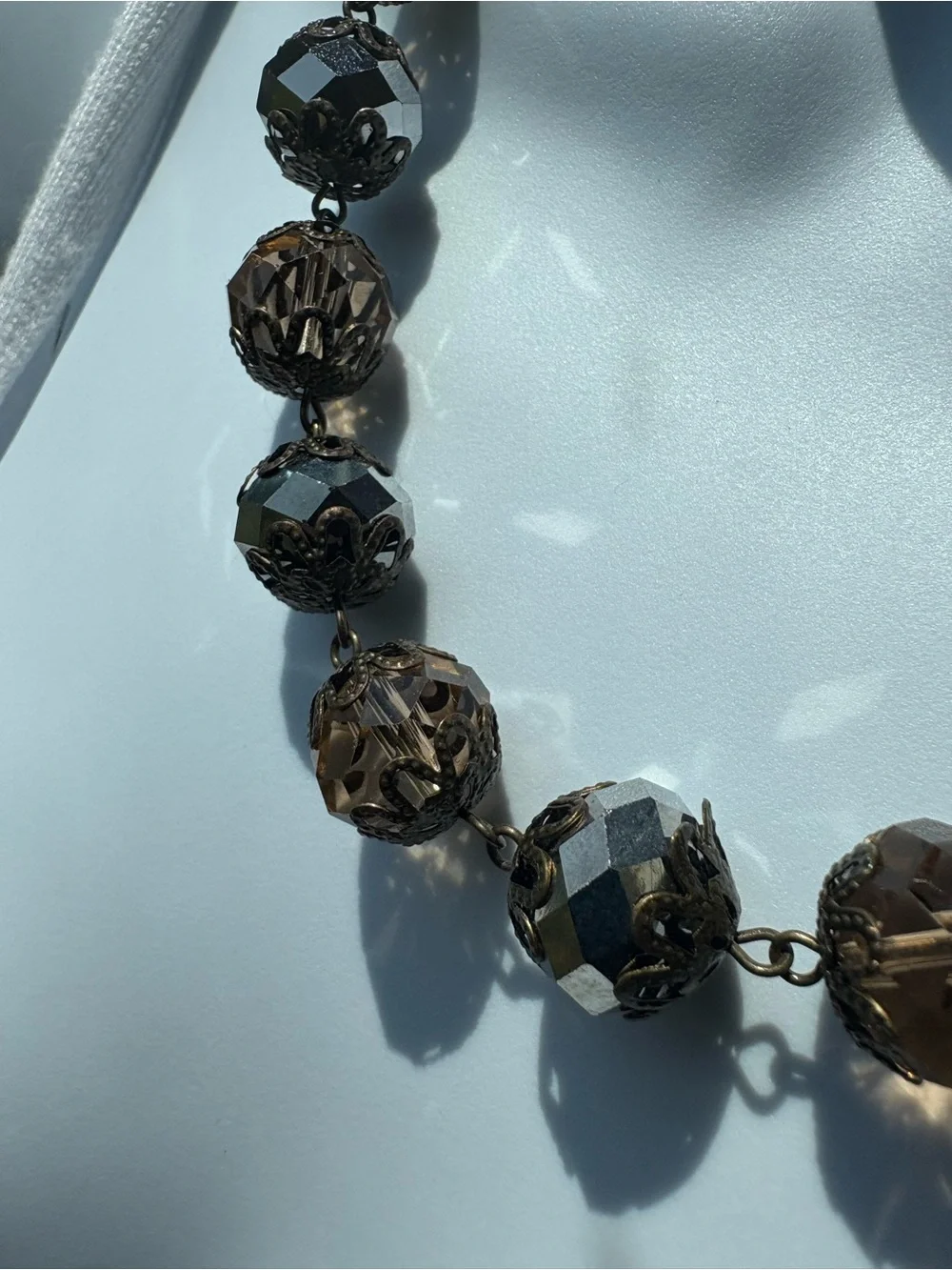 Vintage Vendome Large Filigree Faceted Mirror Crystal Bead Necklace - Brown/Gold